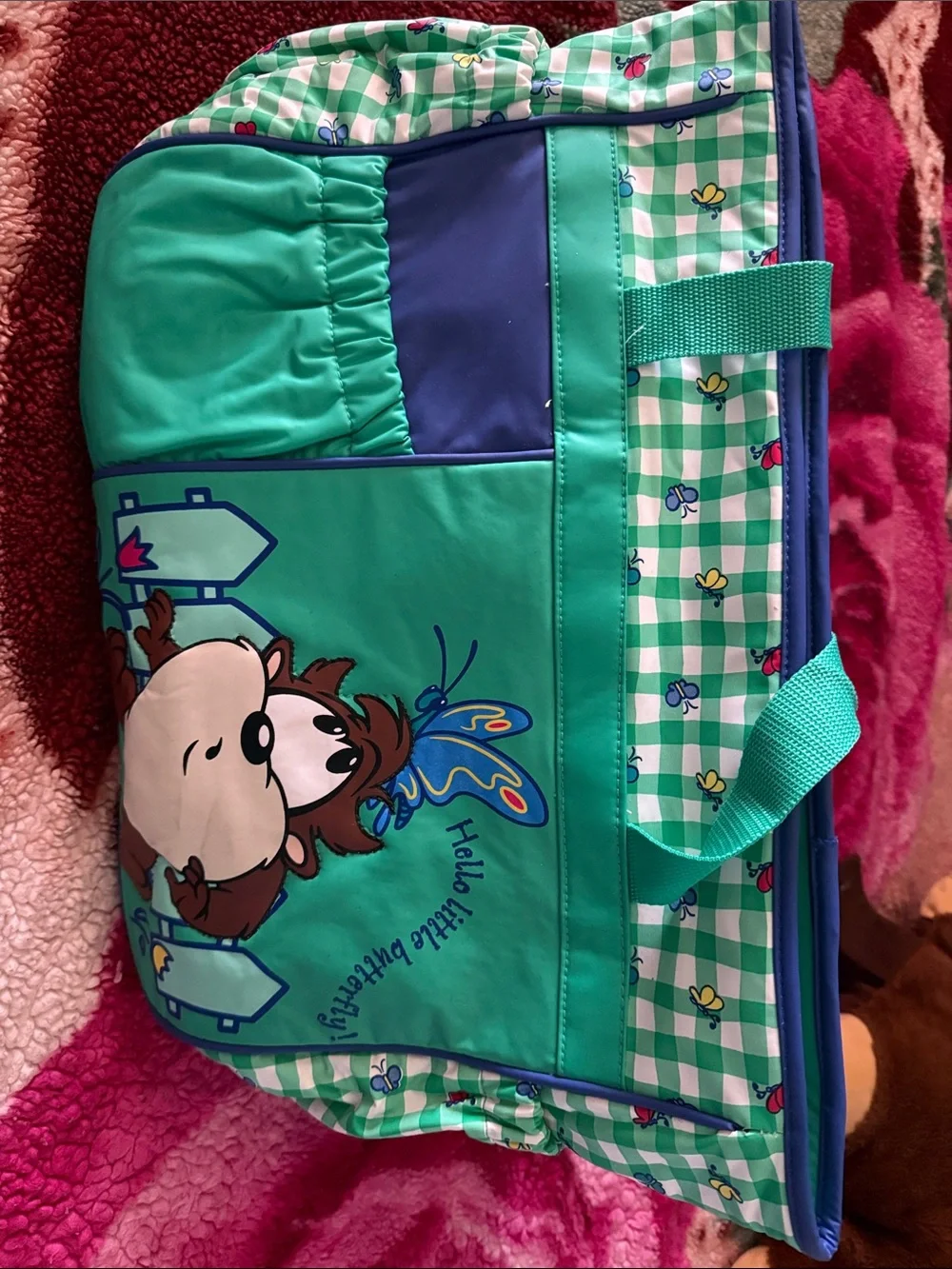 Teal Cartoon Animal Tote Bag with Checkered Accents